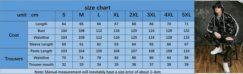 New Men's Hooded Suit PU Leather Casual Sports Bright Leather Top Plus Pants Jogging Suit