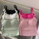 Summer Lace Strap Patchwork Camisole Women Solid Color Sleeveless Buttons Tank Top