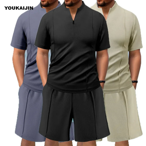 Men's New Waffle Summer Suit 2025 Casual T-shirt + Shorts Suit Men's Tracksuit Solid Color Tracksuit Loose Suit Clothes for Men