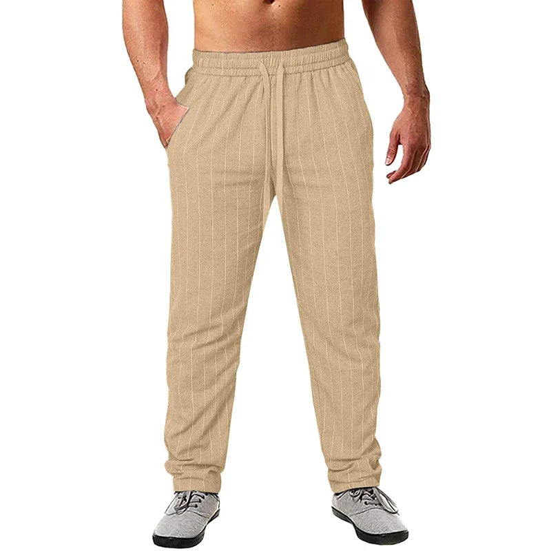 New Men's Cotton Linen Trousers Design Vertical Stripes Breathable Pants Casual Baggy Elastic Waist Straight Leg Sweatpants