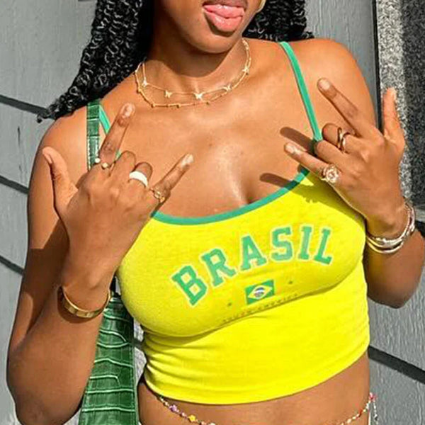 2000s Girls Corset Y2k Vintage Brazil Print Tank Tops Summer Sleeveless Crop Tops Streetwear Punk Grunge Sexy Spaghetti Camisole