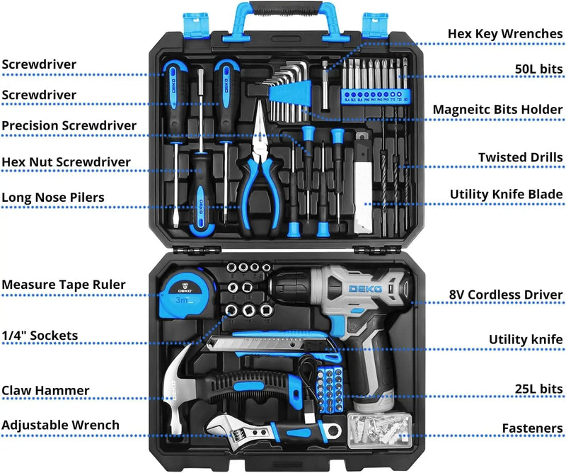 DEKO Drill Set: Tool Set with 8V Blue Cordless Drill, Home Tool Kit with Drill, Hand Tool Kits for Women 126 Piece