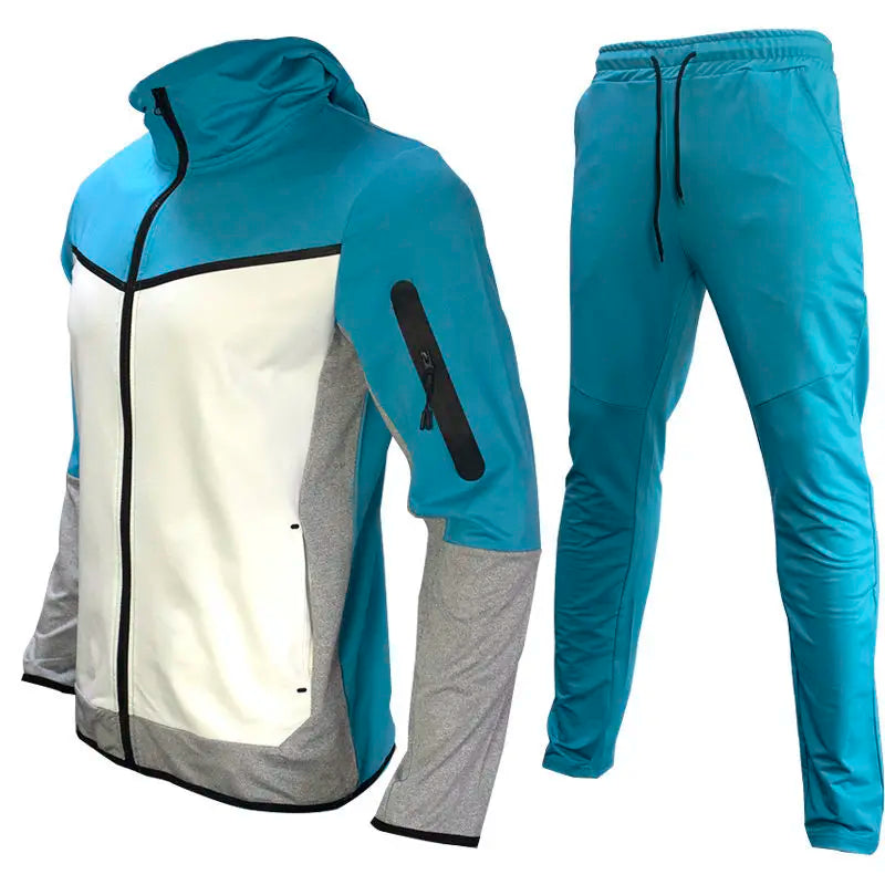 Men's Autumn-Winter Full Set with Hood Sports Jacket ,Sweatshirt Long Sleeves Pants Color-blocked Open Cardigan TightHoodie Suit