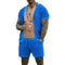 Men's Fashion Set Summer Little Hole Fabric Turn-down Neck Casual Solid Color Suit Male High-Quality Two-Piece Set US Size