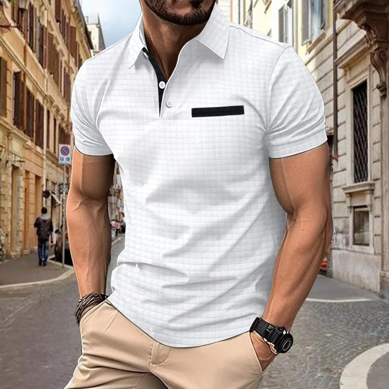 2024 new summer men's fashion fashion casual solid color loose version of t shirt men's sports fitness jacquard check POLO shirt