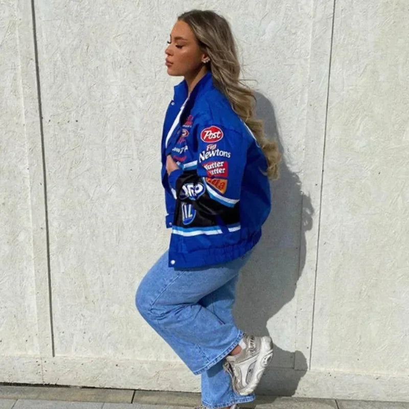Zekye Spring Women Jacket Long Sleeve Racing Baseball Jacket Varsity Blue Printed Casual Loose Coat Motorcycle Jacket 2024