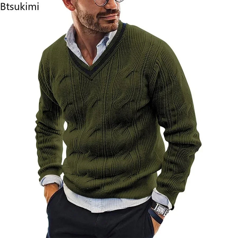 New2025 Men's Winter Knitted Sweater V-Neck Knitted Pullovers Club Party Solid Slim Warm Knitwear Sweaters  Male Streetwear Tops