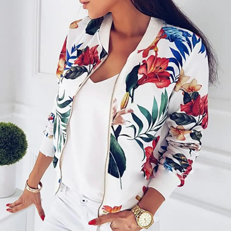 Women's Coat  Flower Leaves Print Sports Women Long Sleeve Baseball Jacket Zip Coat Baseball Uniform Autumn Women Coats