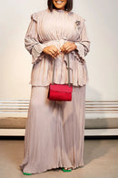 Women's Plus Size Two Piece Pant Set Casual Apricot Pleated Long Sleeves Wrap Elegant Office Lady Wide Leg Autumn Matching Sets