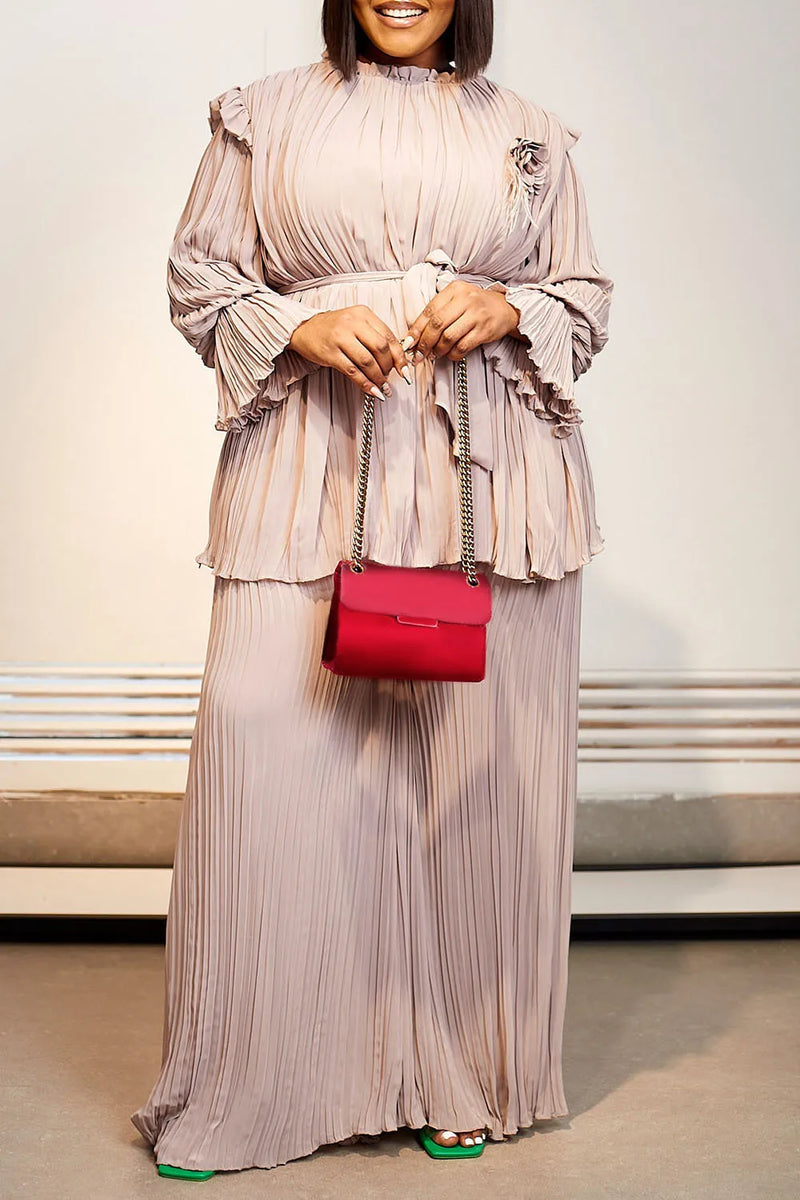 Women's Plus Size Two Piece Pant Set Casual Apricot Pleated Long Sleeves Wrap Elegant Office Lady Wide Leg Autumn Matching Sets