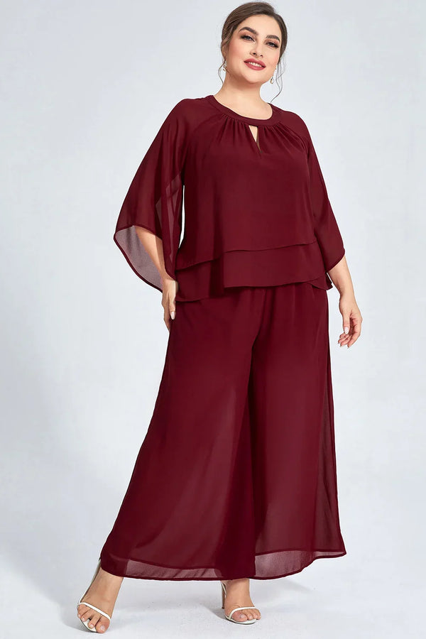Women's Plus Size Formal Burgundy Chiffon Ruffle Sleeve Cut Out Wide Leg Two Piece Pant Suit Casual Office Lady Matching Sets