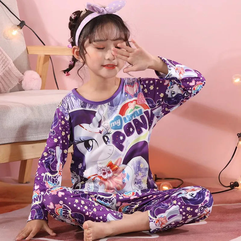 New Girls Unicorn Milk Silk Pajamas Summer Long Sleeve Children's Clothing Sleepwear Pyjamas Sets For Kids