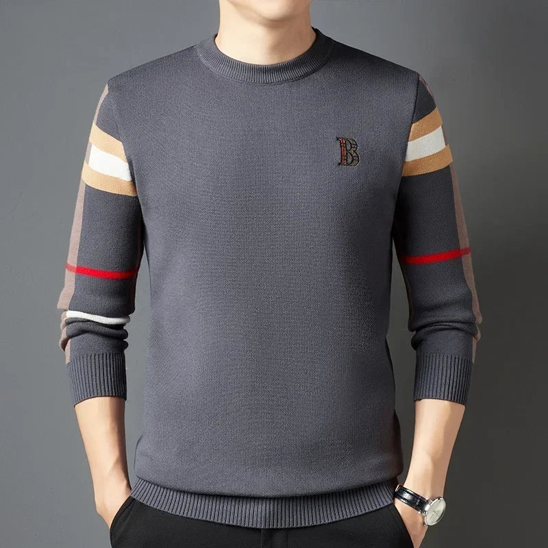 Autumn and Winter Men's Sweater Knitted Pullover New Soft Warm Striped Checker Round Neck Sweater Casual Fashion Men Clothing