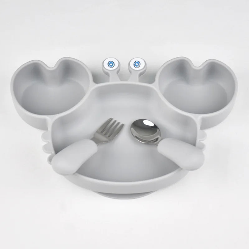3Pcs/Set Baby Safe Silicone Dining Plate Food Feeding With Spoon Fork Cartoon Children Dishes Prevent Tipping Over And BPA Free