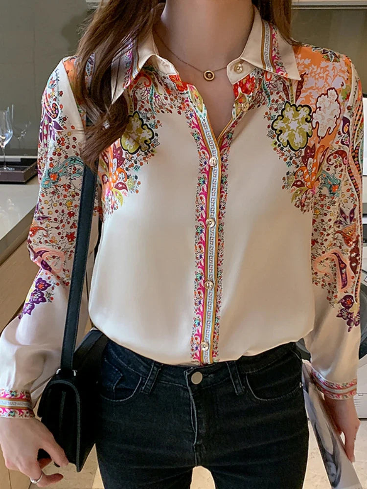 2024 Autumn Fashion Floral Print Blouse Women Satin Shirts Office Lady Elegant Tops Long Sleeve Silk Clothes 18440