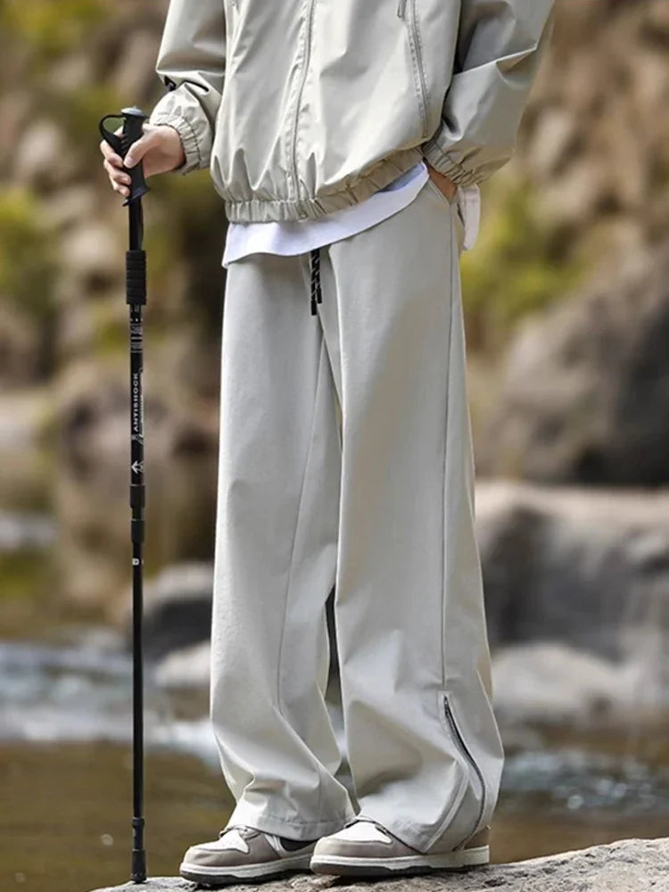 New Side Zipper Baggy Sweatpants For Men Autumn High Street Outdoor Straight Trousers Techwear Casual Drawstring Hiking Pants