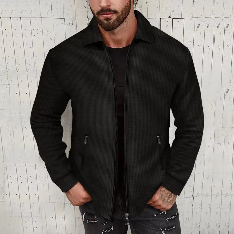 2024 European and American Waffle Long Sleeved Zippered Men's Jacket High Street Casual Men's Autumn Jacket