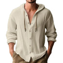 2024 New Spring and Summer Men's Hooded T-shirt Solid Color Cotton Linen Men's Casual Long Sleeved Top