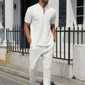 2024 Cross-border AliExpress men's Waffle Men casual fashion stand collar short sleeve pants suit