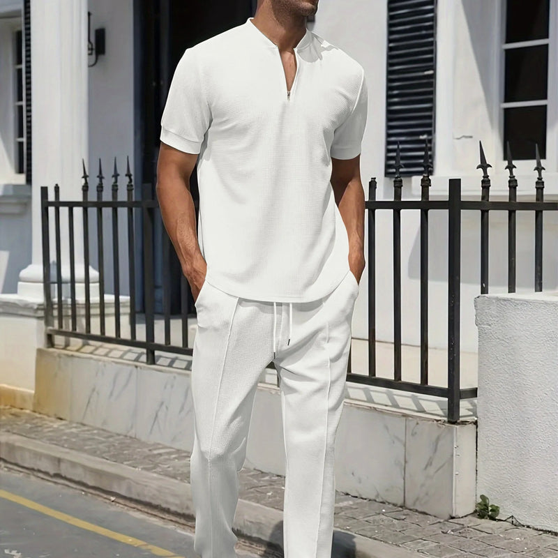 2024 Cross-border AliExpress men's Waffle Men casual fashion stand collar short sleeve pants suit