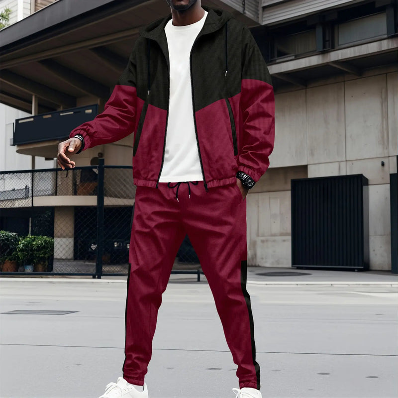 2025 Men's new fashion trend hooded zipper double pocket patchwork color jacket Business casual sports suit