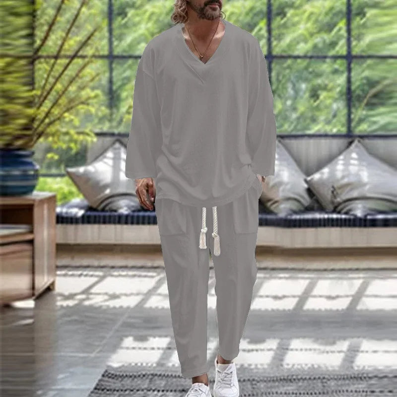 2024 Spring/Fall trend Men's Fashion V-neck shirt Casual comfortable loose high-end long sleeve pants solid color beach suit