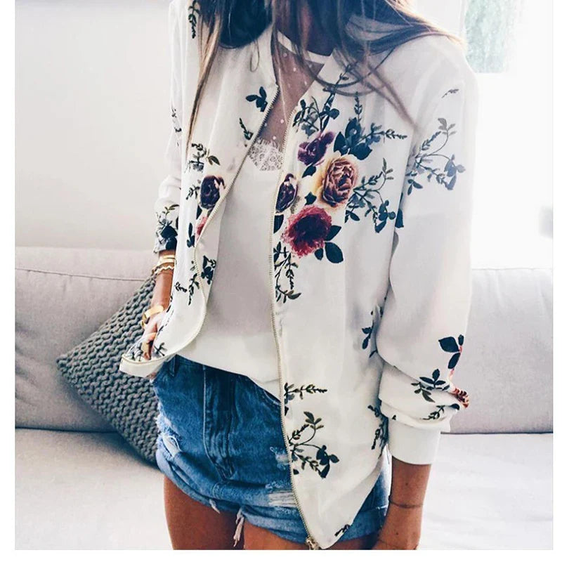Women Floral Jackets Spring Summer Long Sleeve Zipper Print Bomber Jacket Casual Pocket Slim Female Fashion Outwears