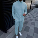 Spring and autumn men's cotton and linen lapel comfortable casual shirt set fashion long sleeve cargo pants solid color two-piec