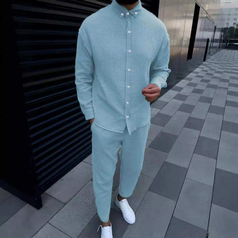 Spring and autumn men's cotton and linen lapel comfortable casual shirt set fashion long sleeve cargo pants solid color two-piec