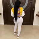 Letter Print Color Patchwork Woolen Varsity Jacket Women Long Sleeve Single Breasted Short Baseball Coat Casual Sporty Outwear