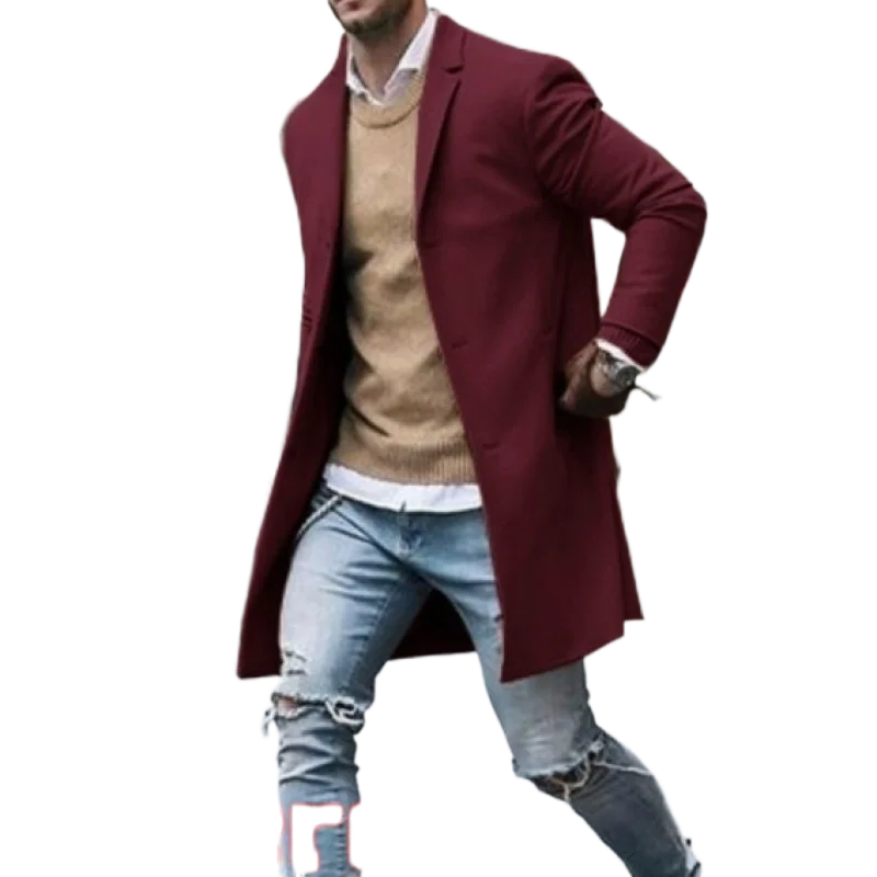 2023 Autumn/Winter New Solid Color Men's Mid length Woolen Coat Slim Fit Large Single breasted Windbreaker