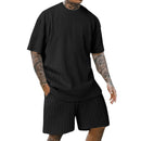 Men's crew neck T-shirt two-piece new style spring and summer striped yarn woven outdoor sports casual short-sleeved suit
