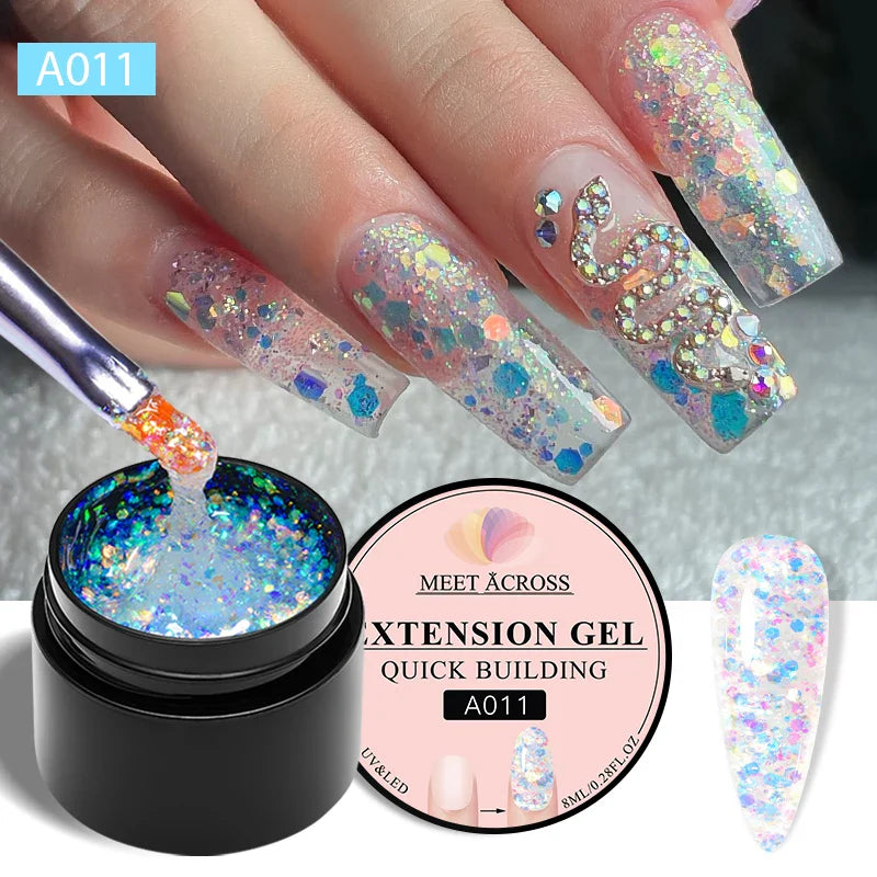 MEET ACROSS 8ml Aurora Extension Nail Gel Polish Glitter Sparkling Nail Art Semi Permanent Building Gel For Nails Manicure