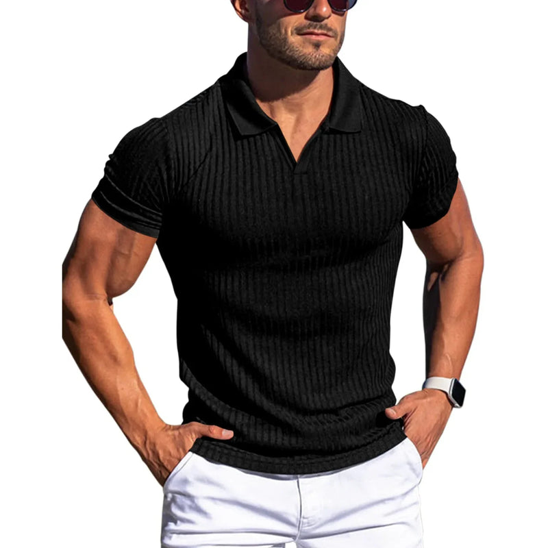Men Turn Down Collar Short Sleeve Slim T-shirts Summer Male Solid Knitted Tee Tops LXDZ-KJ-P6-V