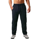 New Men's Cotton Linen Trousers Design Vertical Stripes Breathable Pants Casual Baggy Elastic Waist Straight Leg Sweatpants
