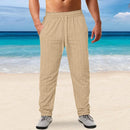 New Men's Cotton Linen Trousers Design Vertical Stripes Breathable Pants Casual Baggy Elastic Waist Straight Leg Sweatpants