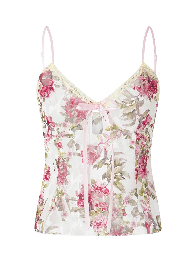Women Spaghetti Strap Camisoles Floral Print V-Neck Tie-Up Front Sleeveless Sling Tank Tops Slim Fit Vests Crop Tops Y2k Summer