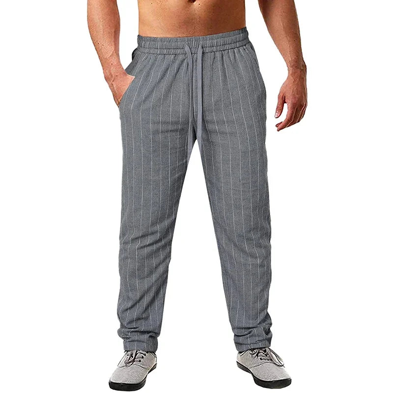 New Men's Cotton Linen Trousers Design Vertical Stripes Breathable Pants Casual Baggy Elastic Waist Straight Leg Sweatpants