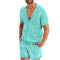 Men's Fashion Set Summer Little Hole Fabric Turn-down Neck Casual Solid Color Suit Male High-Quality Two-Piece Set US Size