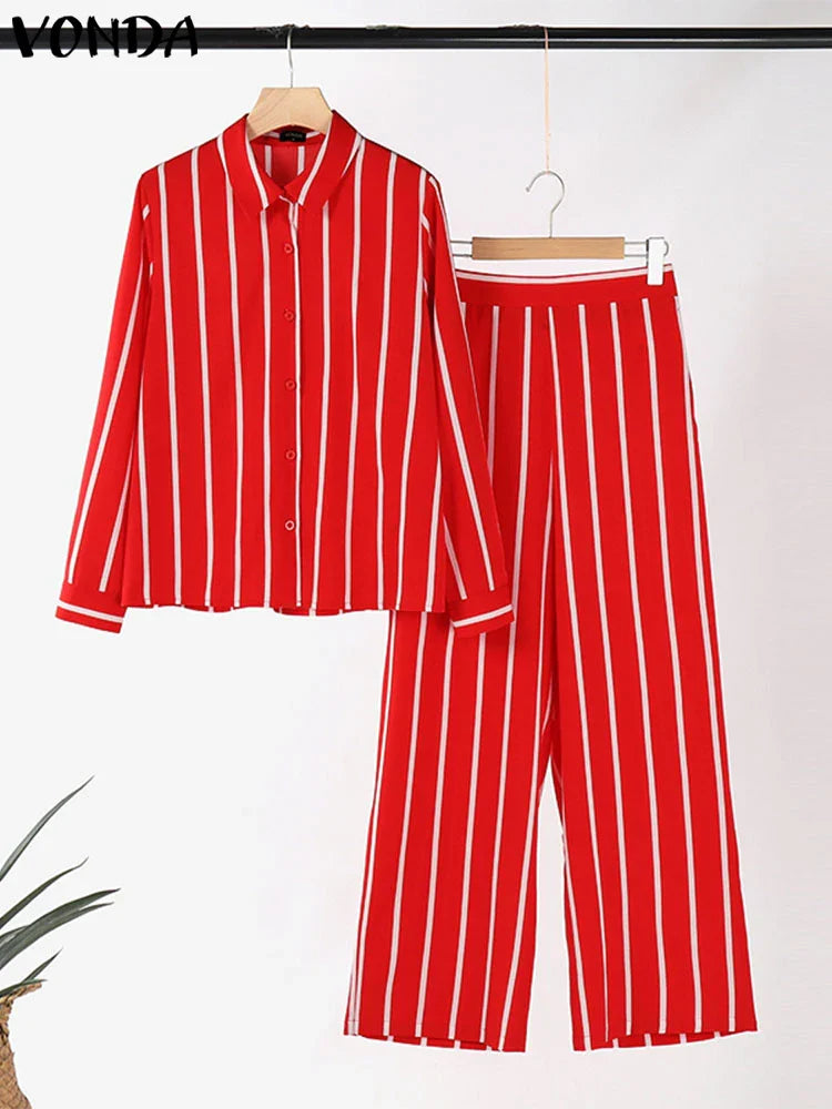 Plus Size 5XL VONDA Women Pants Sets 2024 Matching Sets Vintage Striped Shirt Trouser Casual Two-Piece Sets Office Lady Suits