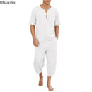 2025 Men's Hip Hop Cotton Linen Sets Comfort Breathable Men Casual Sport 2 PCS Sets Fashion V-neck Short Sleeve Tops+Pants Suit