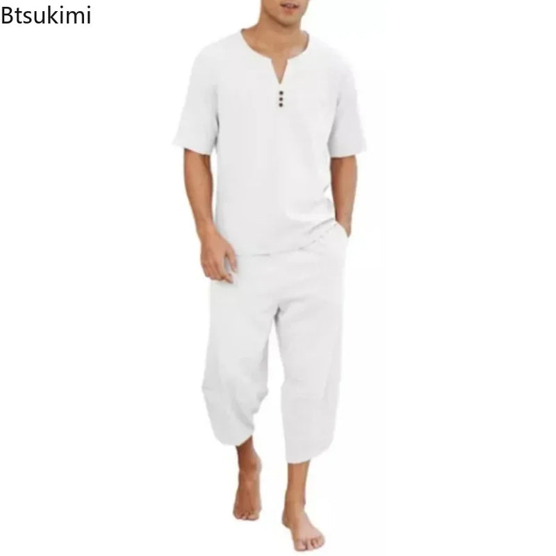 2025 Men's Hip Hop Cotton Linen Sets Comfort Breathable Men Casual Sport 2 PCS Sets Fashion V-neck Short Sleeve Tops+Pants Suit