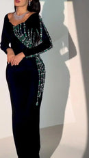 Customized Black Off Shoulder Long Sleeves Evening Dresses for Women Beadings Crystals Ankle-Length Formal Party Prom Dresses