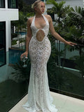 Women Elegant Off Shoulder Lace Up Ruffle Edge Dress Chic Hollow Out Puff Long Sleeves Maxi Slim Dresses Spring Lady Street Robe