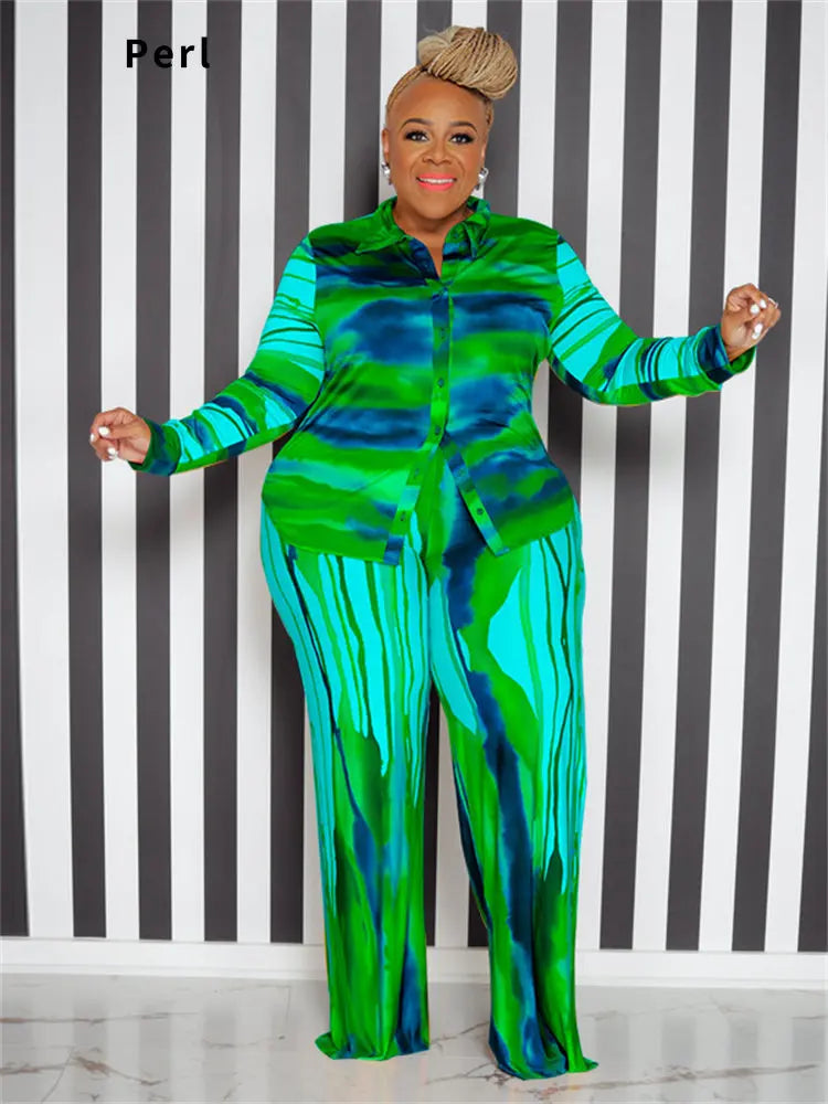 Perl Plus Size Two Piece Outfits Tie Dye Women Fall Clothing Fashion Top and Pants Leggings Matching Set Autumn Tracksuit Xl-5xl