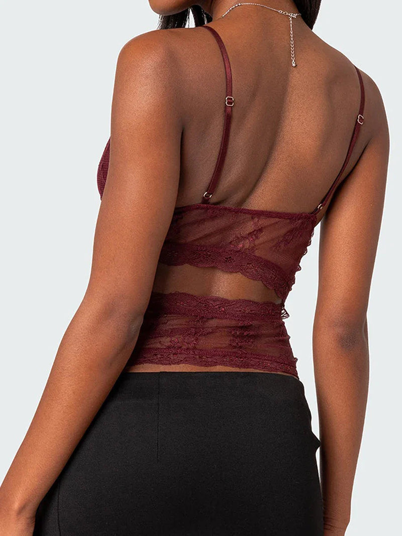 Women Lace Sheer Camisole V-Neck Spaghetti Strap Sheer Vest Slim Fit Cutout Show Navel Tank Tops