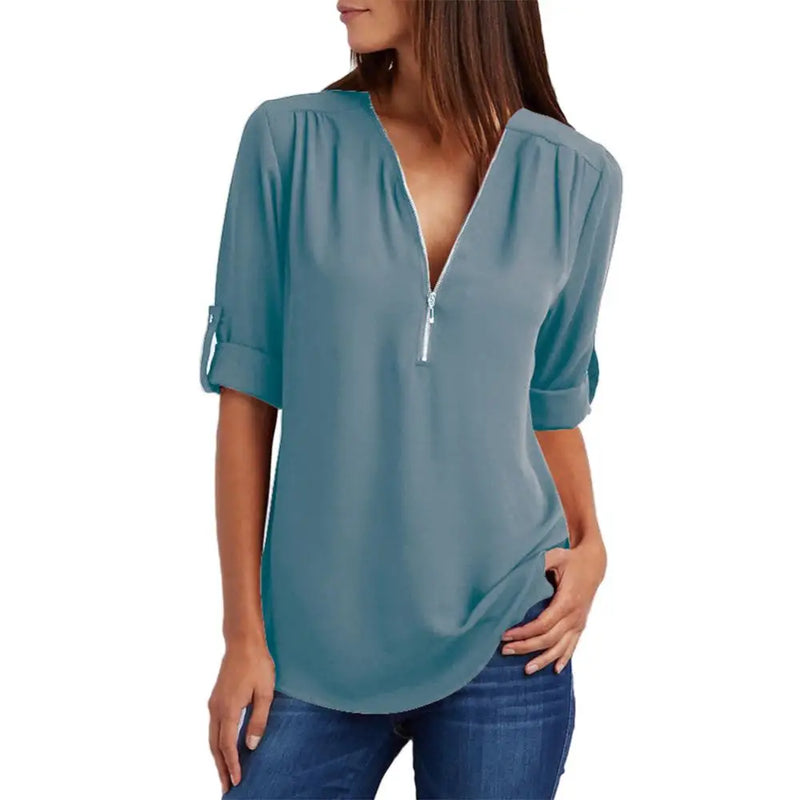 S-5XL Ladies Loose Blouse Chiffon Shirt Zipper V-Neck Half Sleeve Shirts Casual Office Lady Sexy Blouse Shirt Tops Multi Colors
