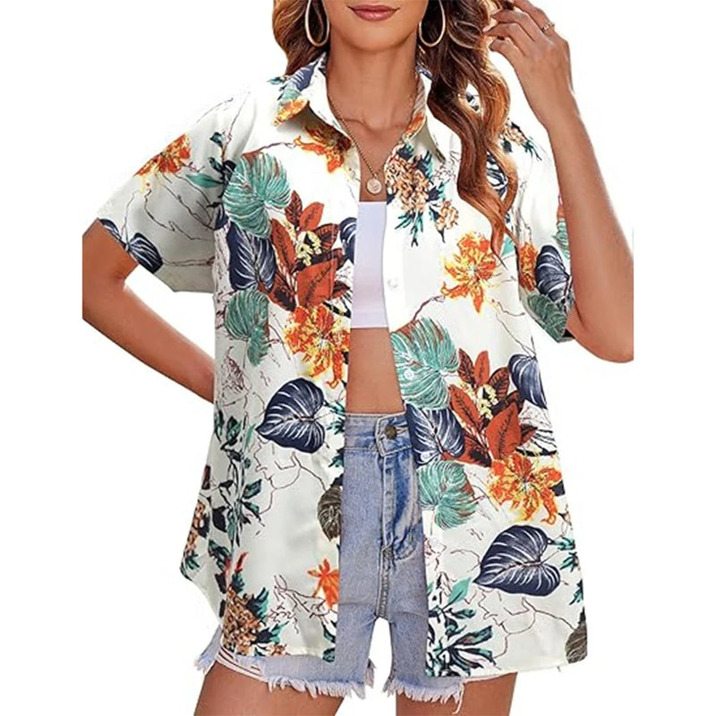 New Women's Short Sleeve T-shirts Fashionable 3d Floral Printed Casual Hawaii Style Basic Tops Lapel Short Sleeve Shirt Summer