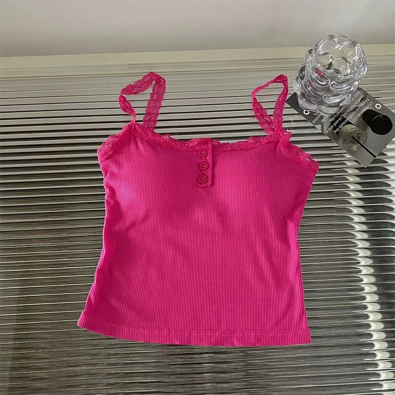 Summer Lace Strap Patchwork Camisole Women Solid Color Sleeveless Buttons Tank Top