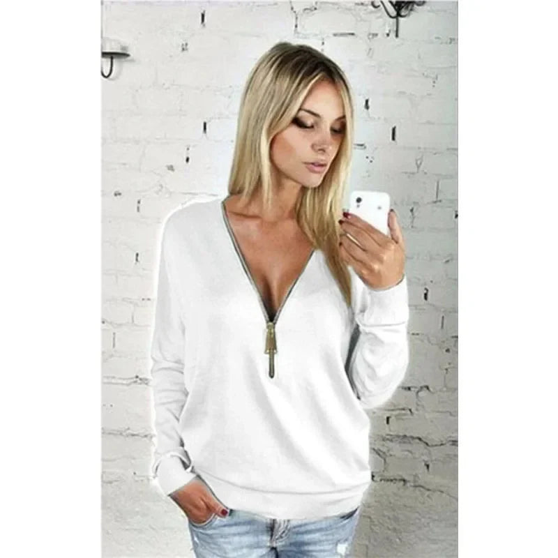 2025 Autumn Casual T-shirt Fashion Women Long Sleeve Tshirts Vintage Zipper V-neck Soft Top Bottoming T-shirt New